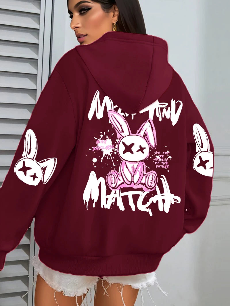 Mix And Match Cartoon Rabbit Prints Women Hoodie Pocket Streetwear Harajuku Loose Hoody All-Match Fleece Female Clothing