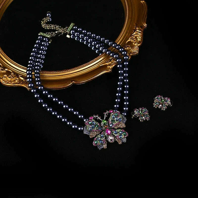 HD European and American Sweet Retro Heavy Industry Elegant Literary Sparkling Rhinestone Butterfly Necklace Stud Earrings
