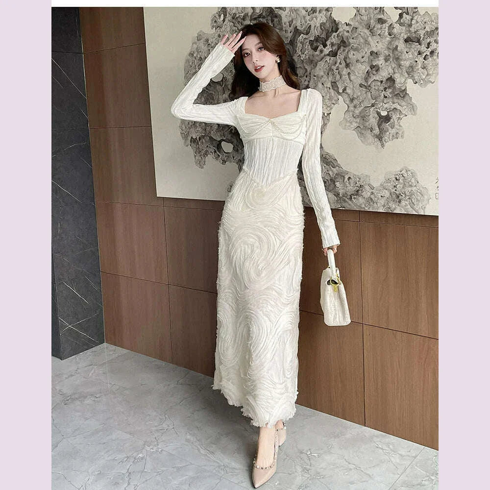 French Romantic Beige Textured Patchwork Design Elegant Square Neck Appliques Slim Elastic Knit Dress