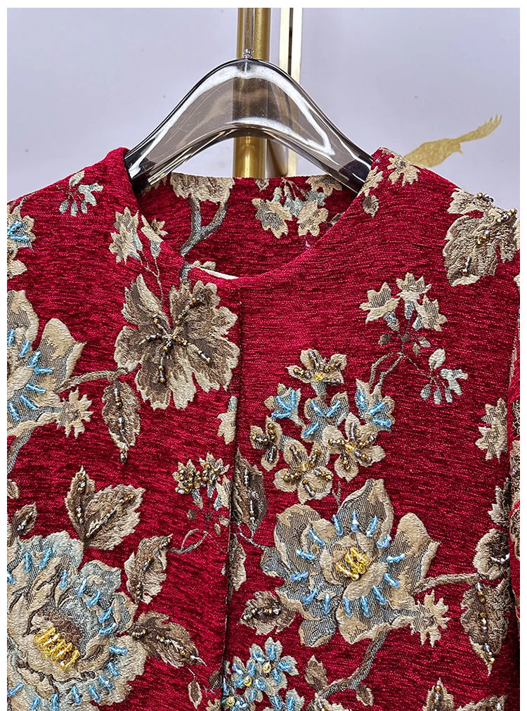 Autumn Winter New Women's Velvet Beaded Round Neck 3/4 Sleeve Burgundy Mid-Length Coat Chenille Texture Luxury Jacket