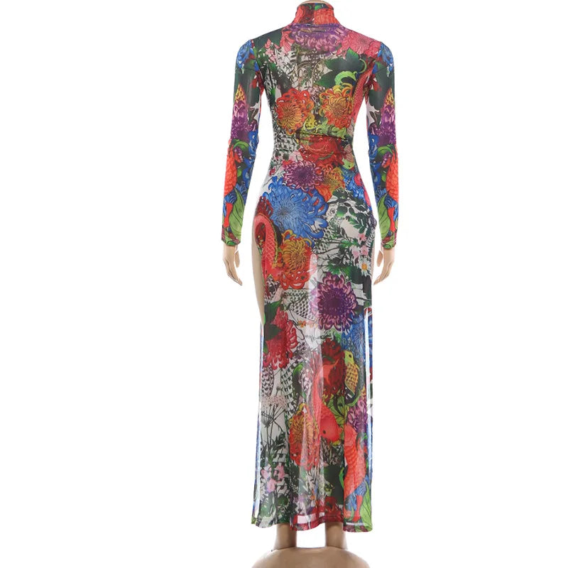 Spring New Women's Long Sve High Collar Plant Print Maxi Top Faionable Individuatic f High Ne Long Open Split Top