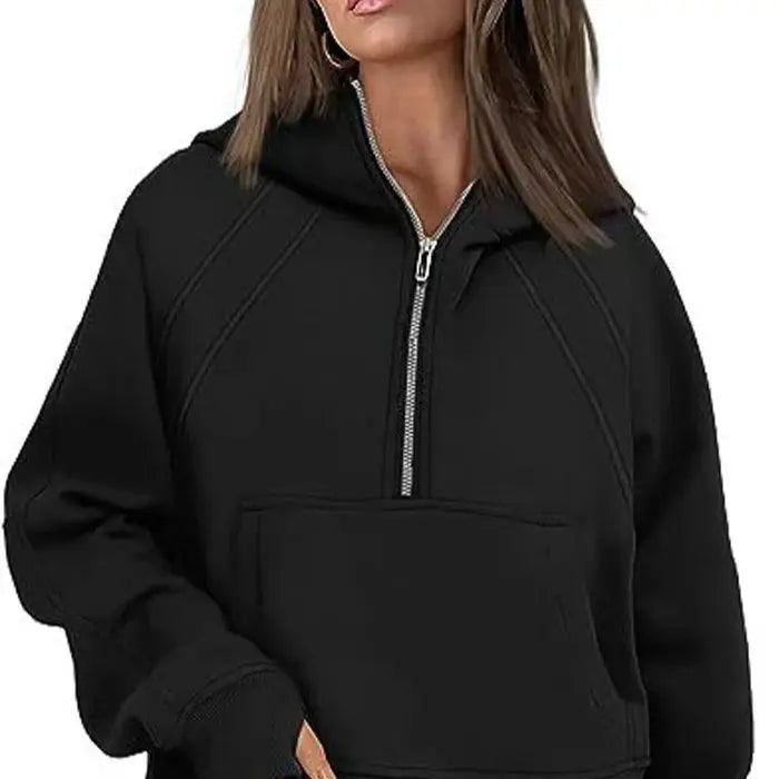 Half Zipper Hooded Short Plush Sweater, Casual Sports Sweater, New Fashion, Autumn, Winter, 2024 - Kimlud