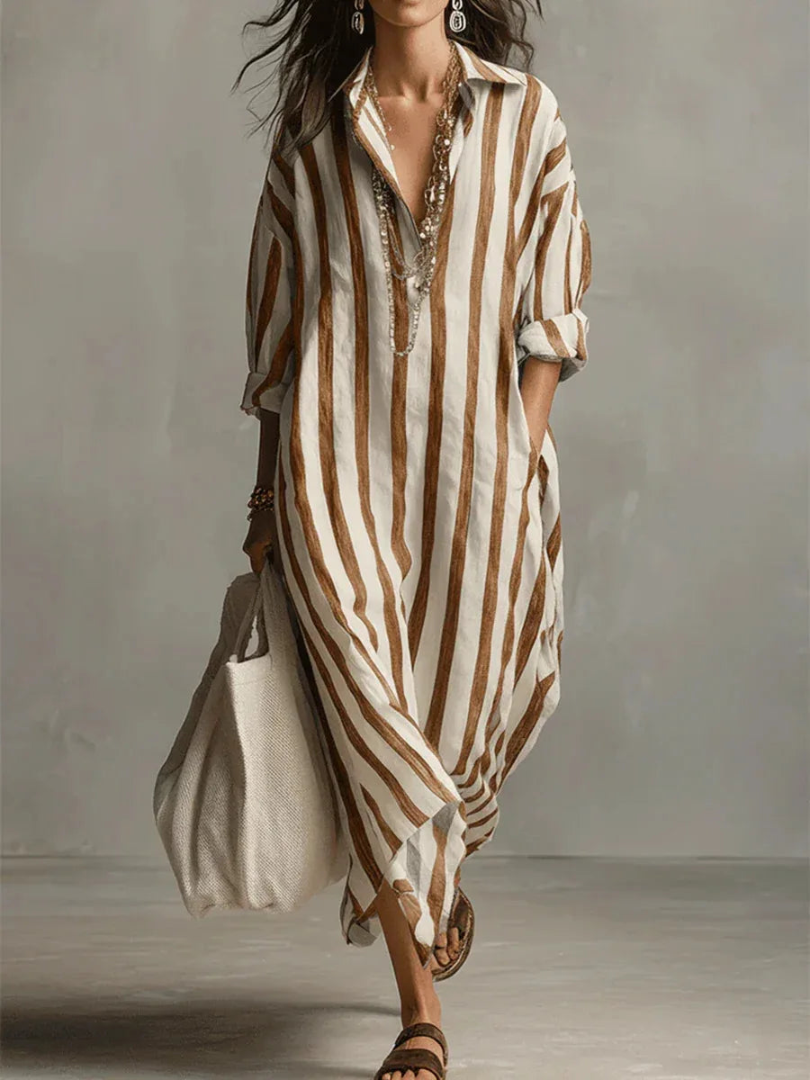 2026Spring Summer Casual Elegant Turn Down Collar Breathable Dress For Women Party Dress Boho Striped Printed Loose Beach - Kimlud