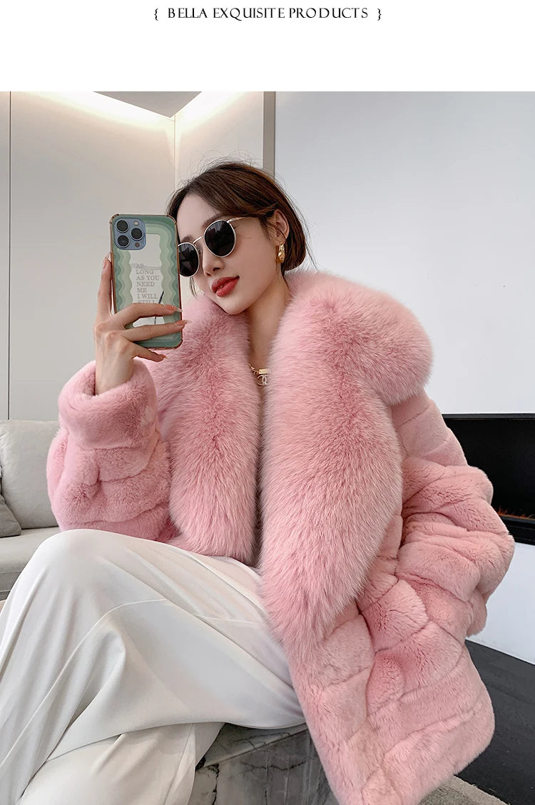 Fashion Women Real Rex Rabbit Fur Coats Long Natural Full Pelt Chinchilla Color Rabbit Fur Jackets With Real Fox Fur Collar Over