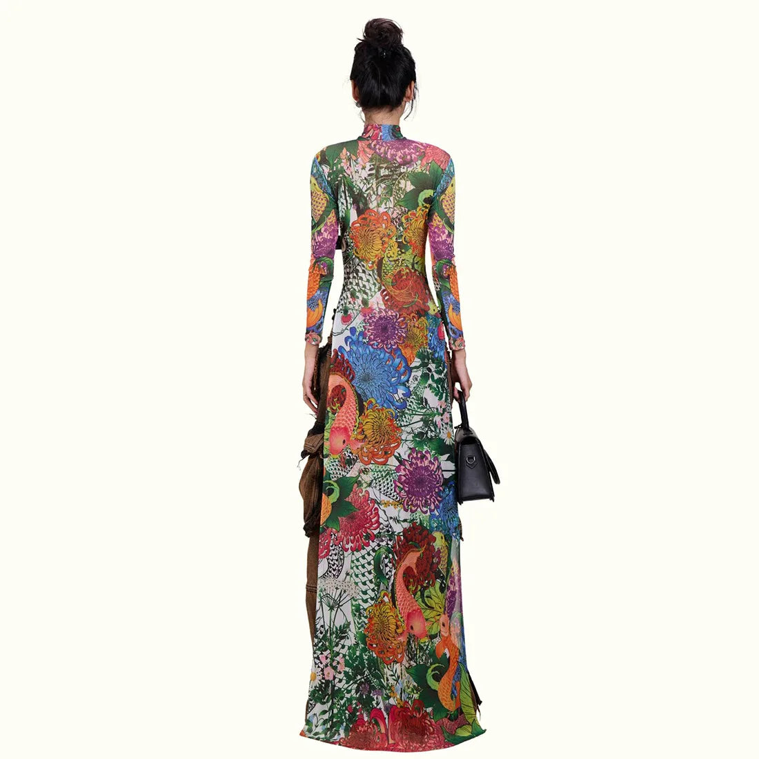 Spring New Women's Long Sve High Collar Plant Print Maxi Top Faionable Individuatic f High Ne Long Open Split Top