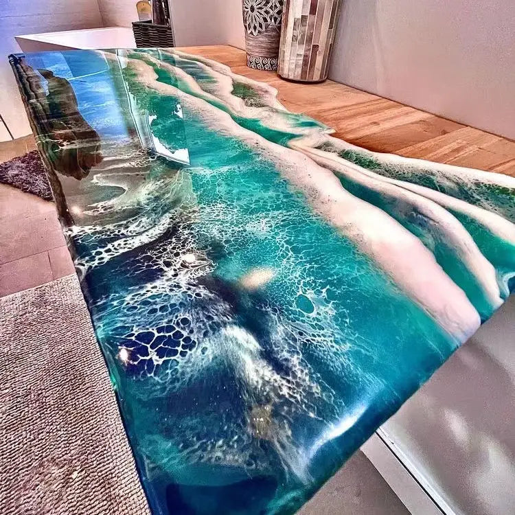 Solid Walnut Wood Luxury Dining Restaurant Rectangular Ocean River Epoxy Resin Slab Kitchen Table