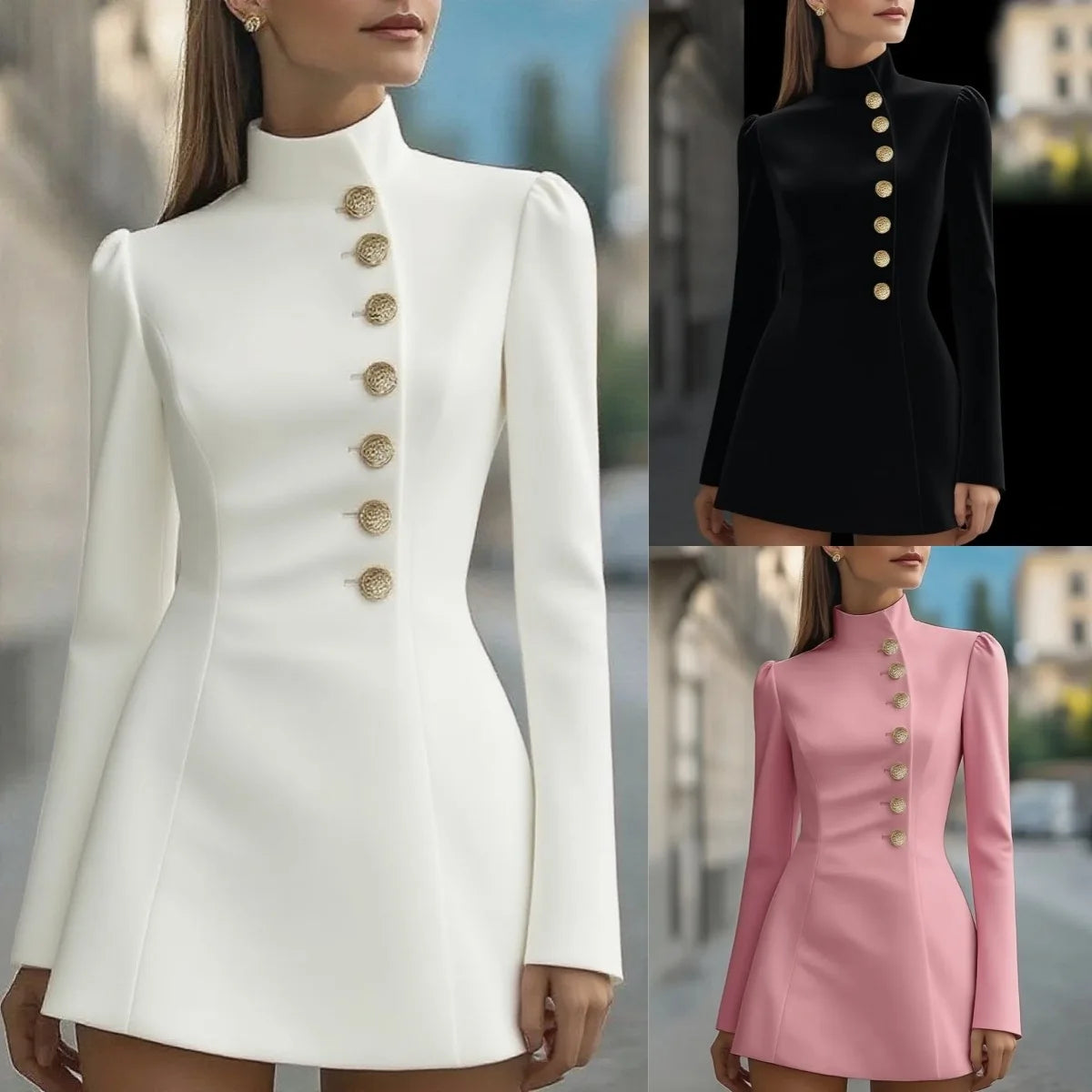 Retro Long Sleeve Metal Button Dress Women Elegant High Neck Short Dresses Lady New Chic Highstreet Party Robes