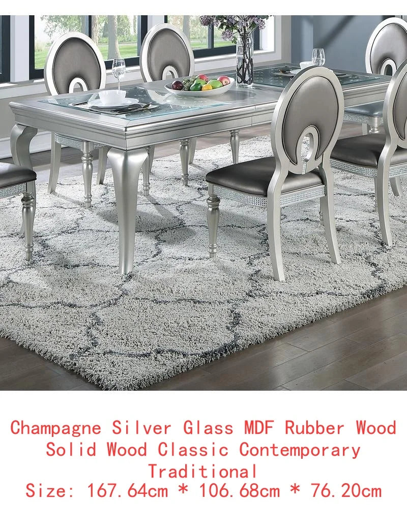 7pc Rect. Glass Dining Table Set w/ Silver Hue & 6 Tufted Side Chairs for Dining Room - Kimlud