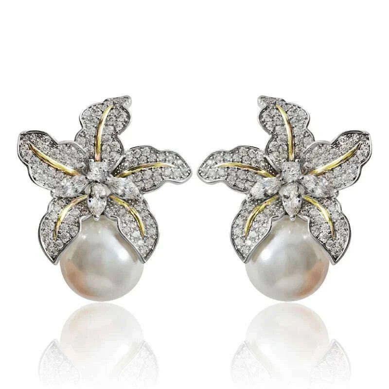 Gorgeous Flower Imitation Pearl Earrings Women Luxury Inlaid Sparkling CZ Stone Fashion Wedding Jewelry Wholesale Lots