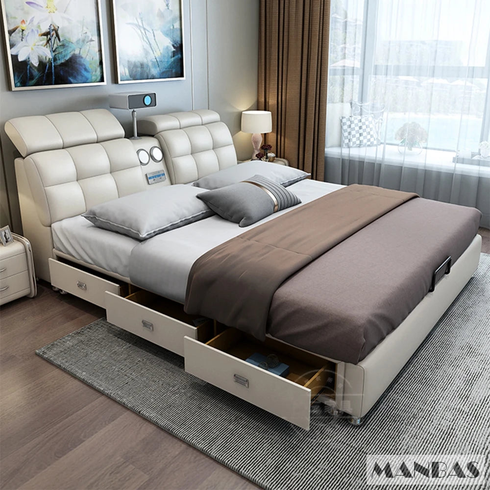 Linlamlim Ultimate Tech Smart Bed - Multifunctional Bedframe with Genuine Leather and Bluetooth Speaker, Drawers,...