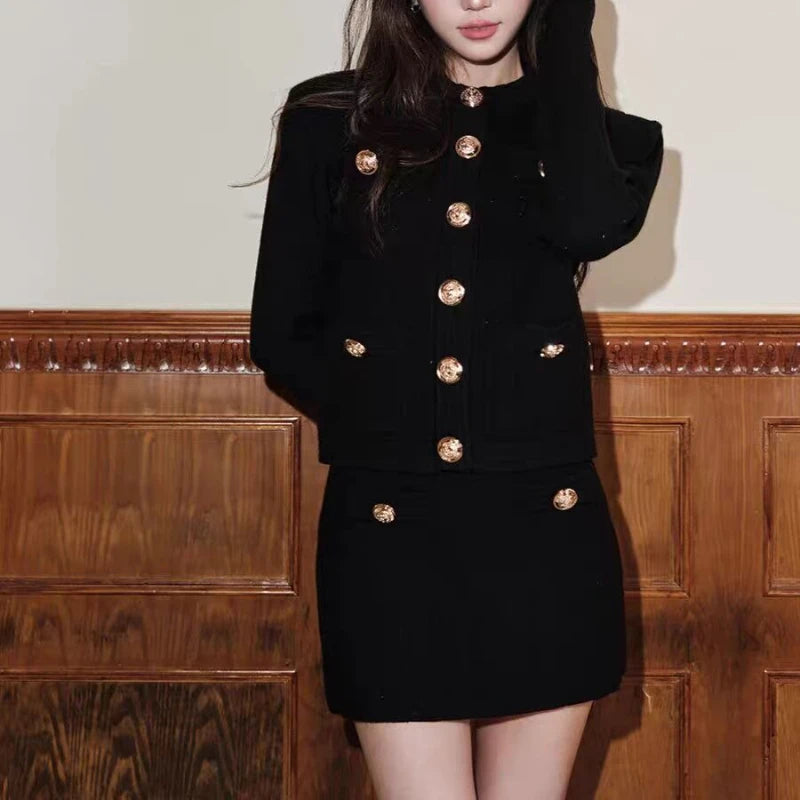 2025 New Autumn Winter Golden Buckle Knitted Two-piece Sets Women's Korean Fashion Round Neck Long Sleeve Slim Fit Skirt Suits