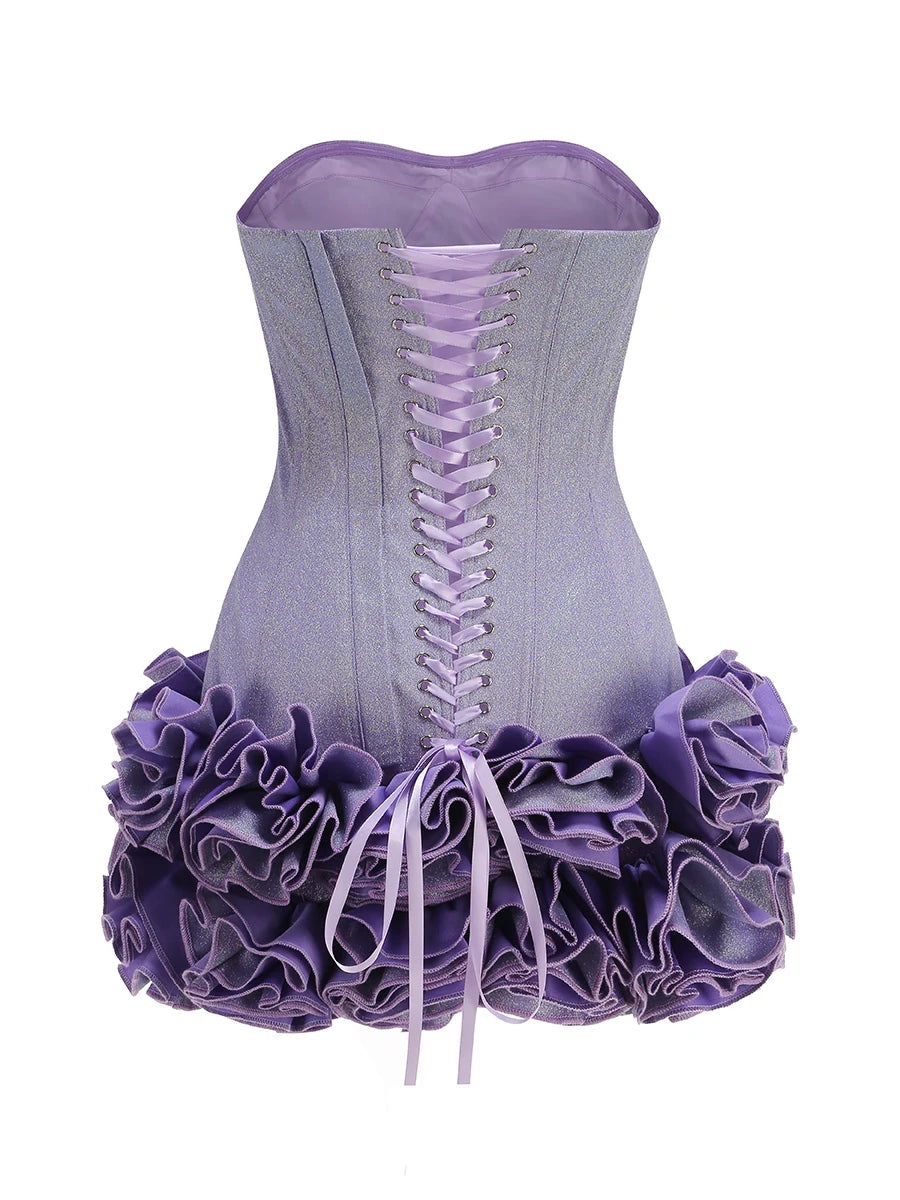 Stereoscopic Flowers Back Laceing Strapless Solid Bandage Mini Evening Dress Sweet Woman Birthday Party Patchwork Lace Up Dress