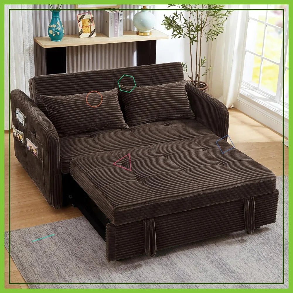55.5" Corduroy Convertible Sofa Bed, Pull Out Sleeper with USB Ports, 3-in-1 Loveseat for Living Room, Apartment - Kimlud