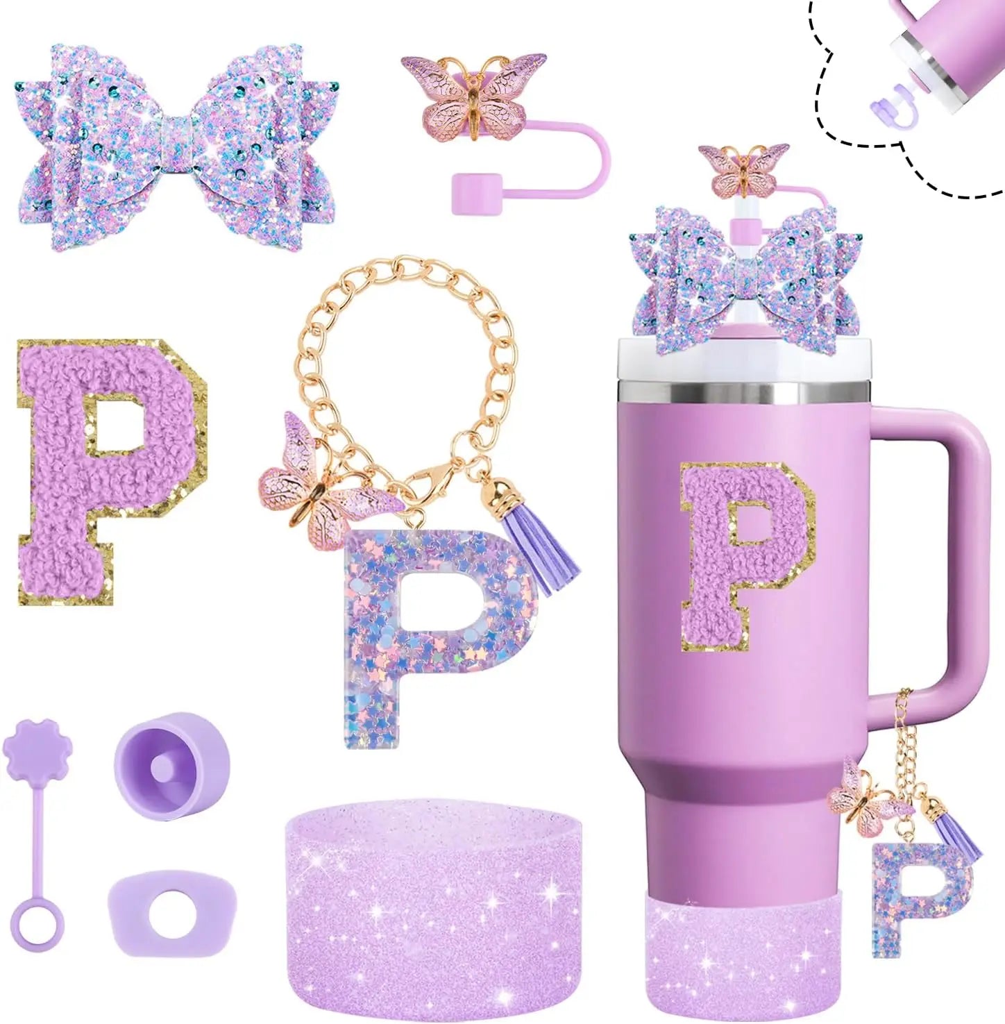 8pcs Cup Accessories Set for Stanley Cup 30oz 40oz tumbler Straw Topper Cover, Boot, Spill Proof Stoppers, Handle Charms Sticker