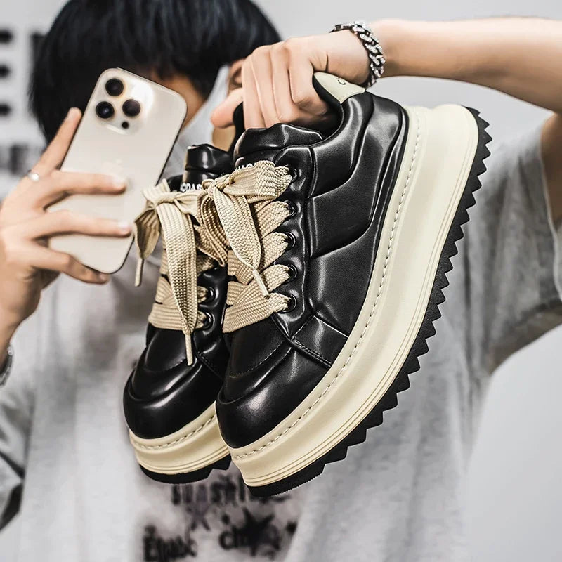 Chunky Sneaker Men Designer Board Shoes Fashion Casual Microfiber Leather Fabric Breathable Height Increased Flat Platform Shoes