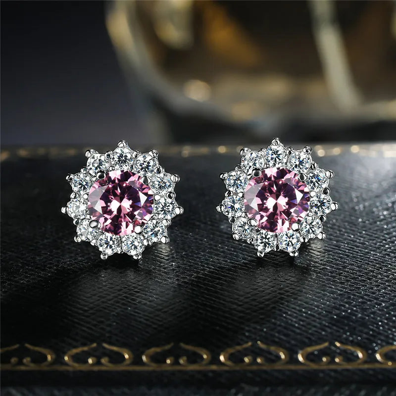 Cute Female Small Water Blue Round Earrings Crystal Stone Fashion Silver Color Wedding Jewelry For Women - Kimlud