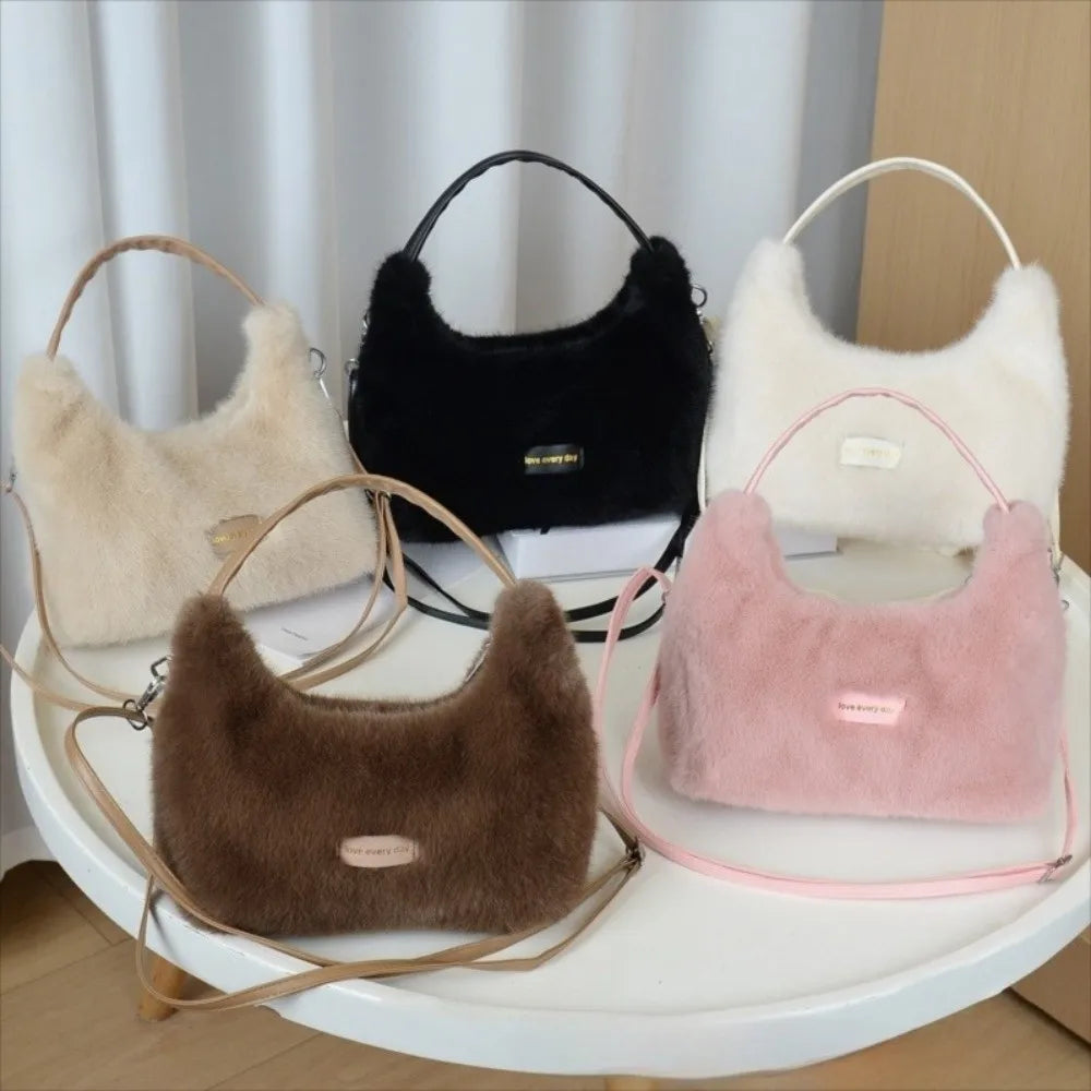 Winter New Luxury Faux Fur Ladies Shoulder Bag Soft Fluffy Female Crossbody Bag Solid Color Large Capacity Plush Tote Bag