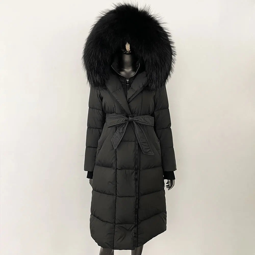 CXFS New Real Raccoon Fox Fur Collar Hooded Natural Long Winter Jacket Women 90 White Duck Down Coat Thick Warm Casual Outerwear