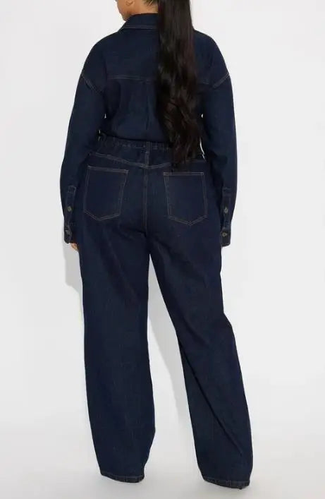 Jumpsuit Women 2026 New Spring Autumn Solid Color Pocket Design Turn-Down Collar Long Sleeved High Waist Casual Denim...