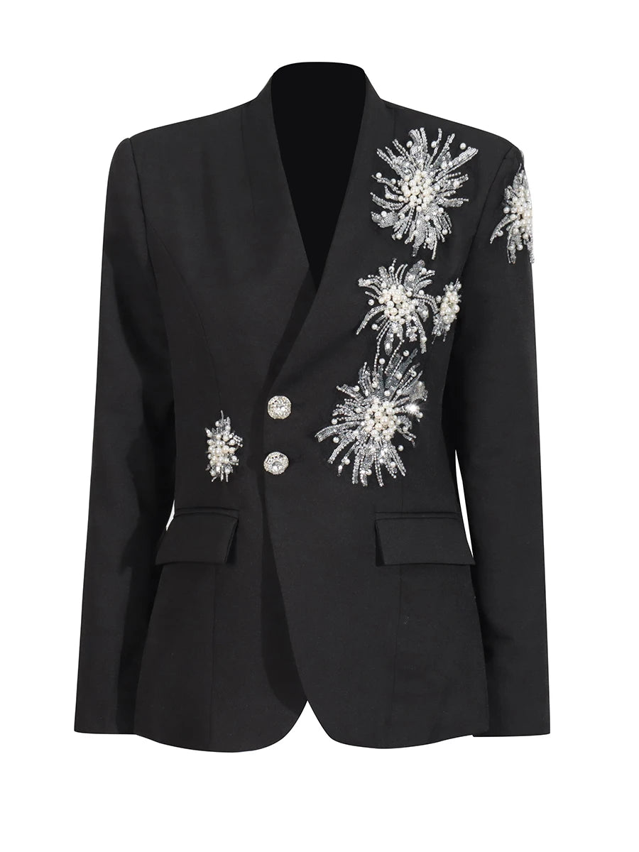 CHICEVER Solid Spliced Beading Slimming Blazer for Women Notched Collar Long Sleeve Patchwork Button Formal Coat Female Fashion