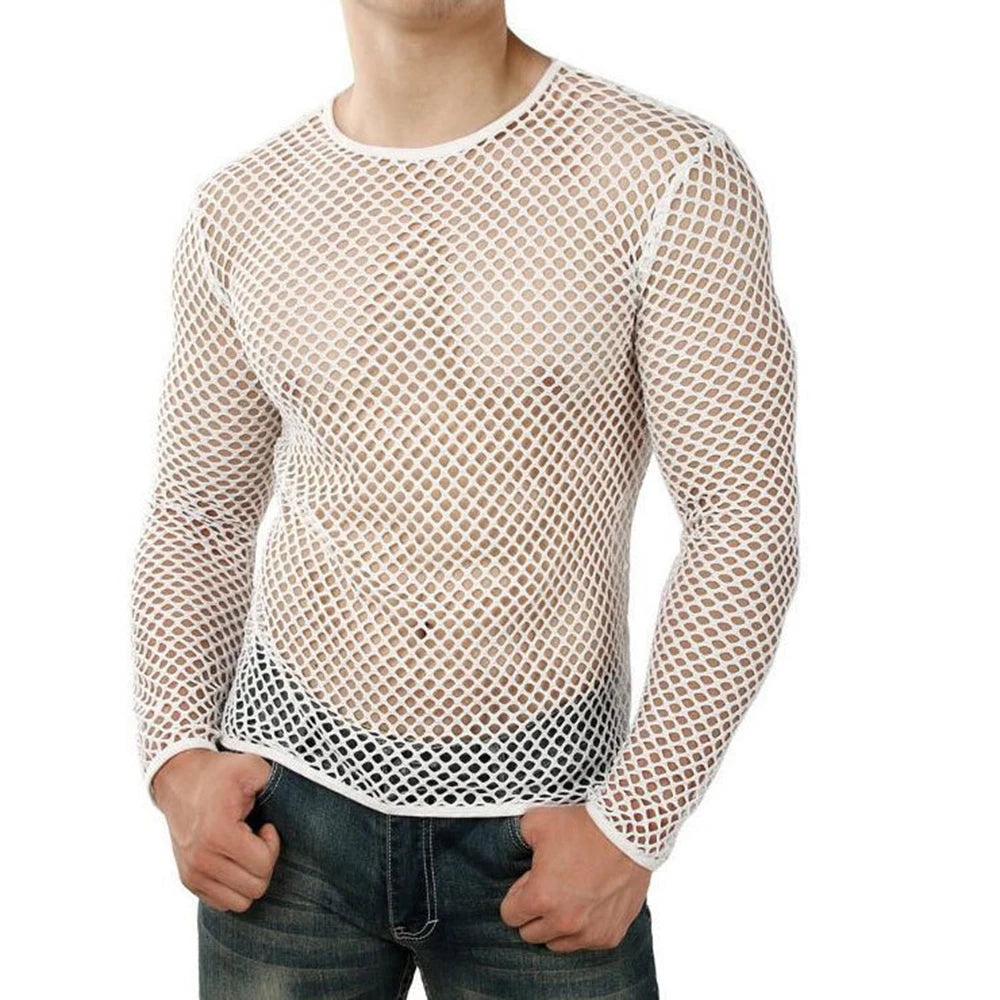 Men Transparent Sexy Mesh T Shirt 2024 New See Through Fishnet Long Sleeve Muscle Undershirts Nightclub Party Perform...