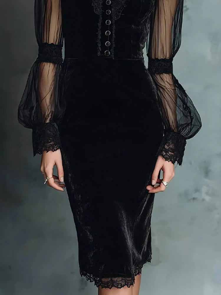 Women's Elegant Mesh Sheer Velvet Evening Dress Black Lace V Neck Vintage Puff Sleeve Bodycon Dress High Street Midi Dresses