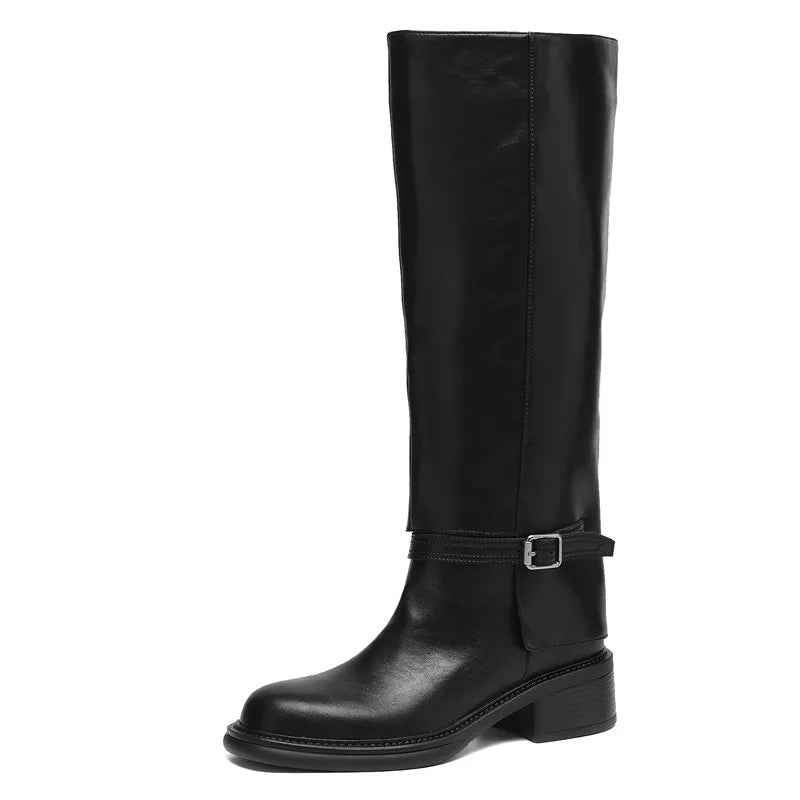 MORAZORA Genuine Leather Boots Women Square Mid Heels Black Brown Winter Boots Fashion Handmade Knee High Boots Ladies Shoes