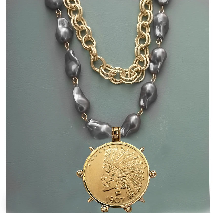 2025 chunky layer Jewelry Luxurious imitation grey pearl exaggerate coin charm pendant Clasps Carabiner Necklace...