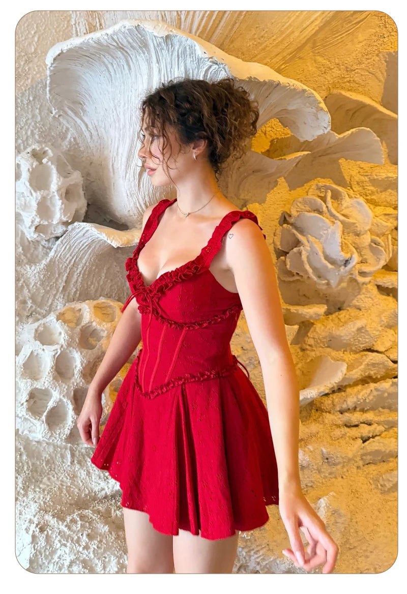 VC Trendy Red Off-Shoulder V Neck Mini Ruffled Dress with Corset Top for Festival & Event Favorite Gown