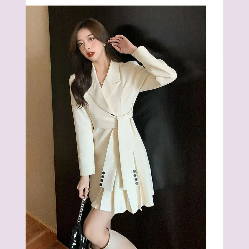 2022 Autumn Office Sashes Bandage Waist Tie Blazer Dress Women Long Sleeve Notched Collar Pleated Irregular Mini Vestidos