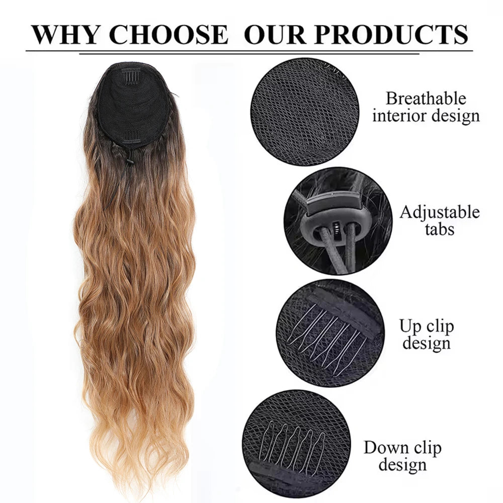 Magicae Ponytail 28Inches Ombre Brown Blond 27/ 613 Clip in Synthetic Hair Extension 180grams Heat Resistant Body Wavy |...