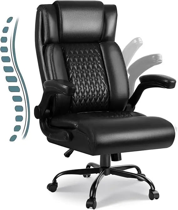 High Back Executive Office Chair for Adult, Big and Tall Leather Home Desk Chairs with Padded Flip-up Arms, Swivel Rolli