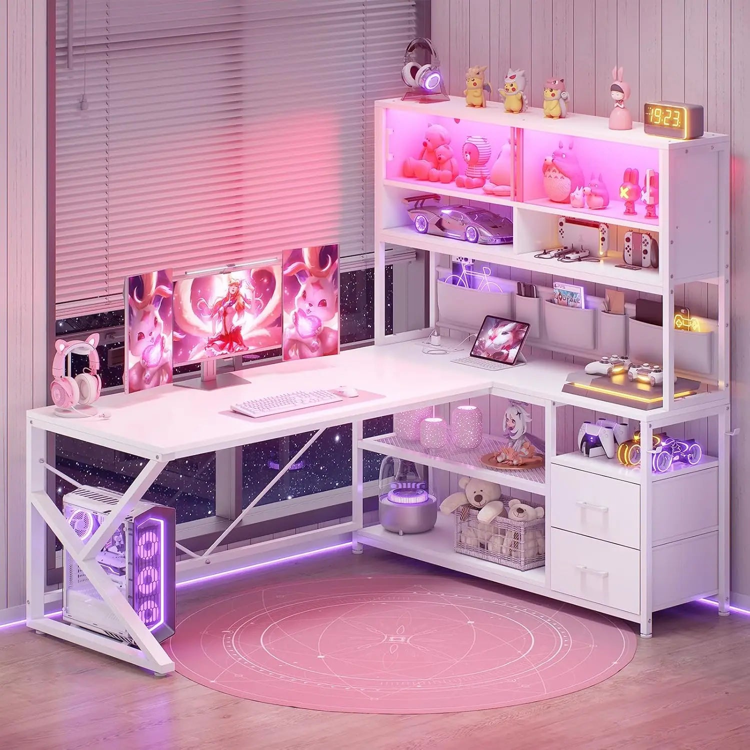 L Shaped Gaming Desk, Home Office Computer Desk with 2 Drawer and Bookshelf, L Shaped Gaming Desk with LED Light,, Customized - Kimlud