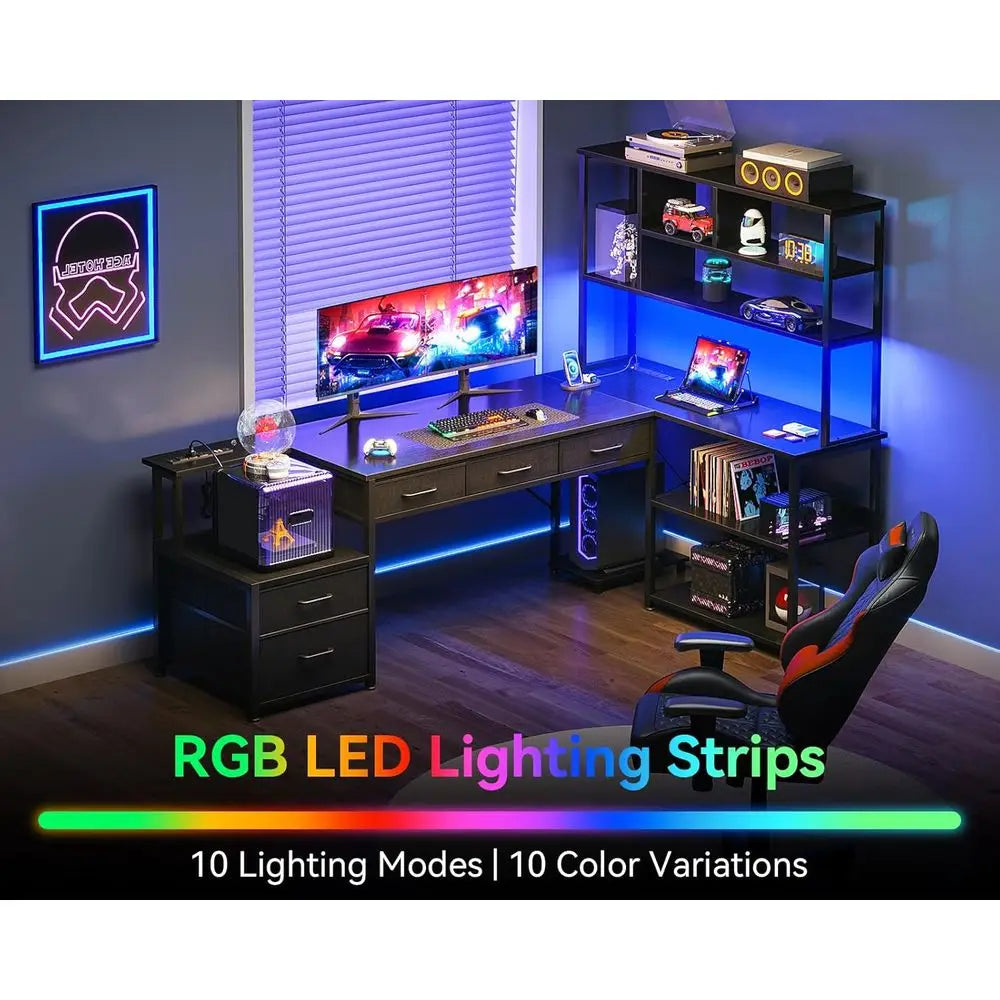 71 L-Shaped Desk with 5 Drawers, LED-lit, Reversible Gaming Desk, 2 Outlets, Black Home Office Desk with Storage,Customized