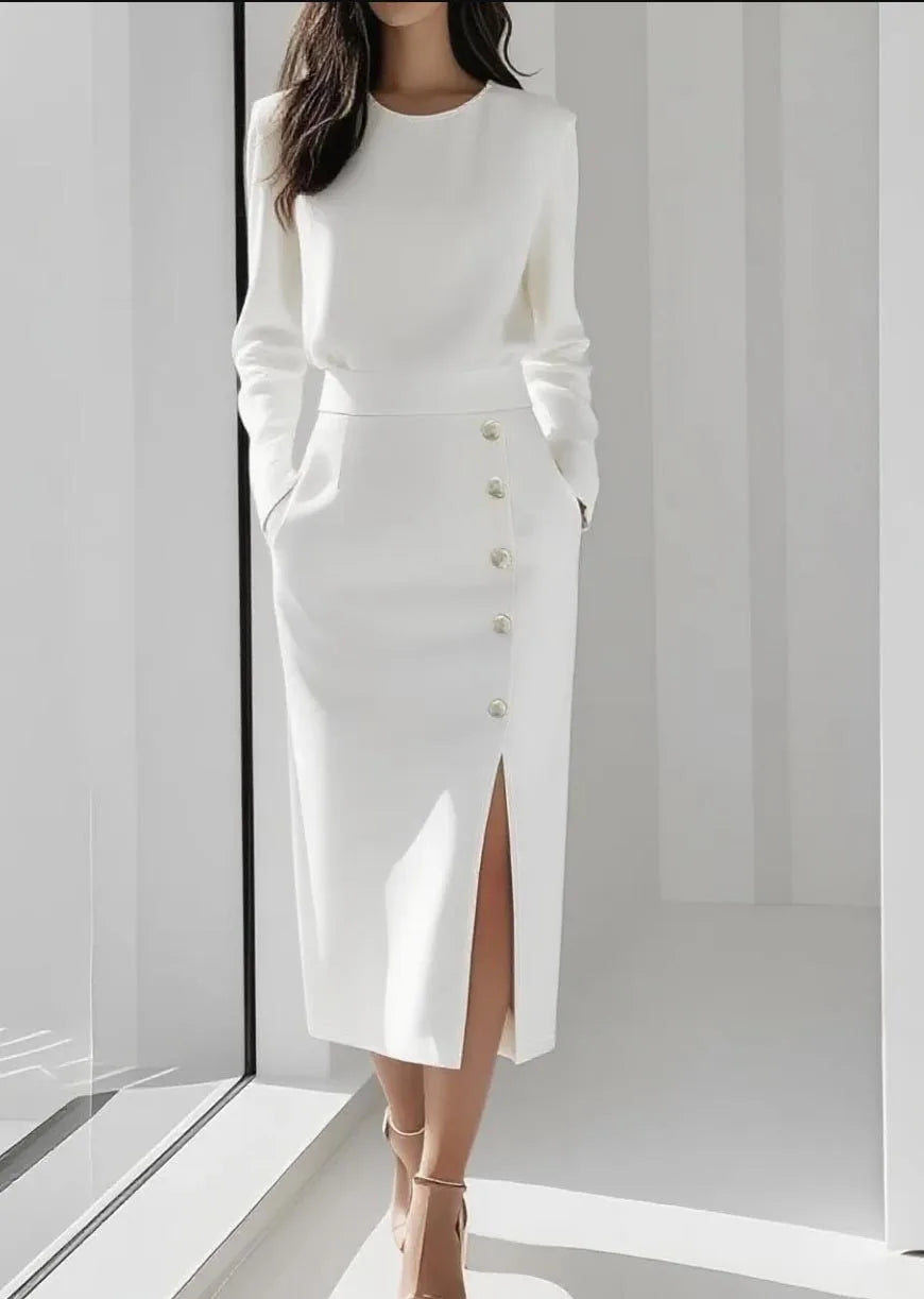 Spring Autumn Fashion O-neck Split Women Dress Elegant Button Solid Evening Dresses New Casual Sleeveless Slim Office Lady Dress