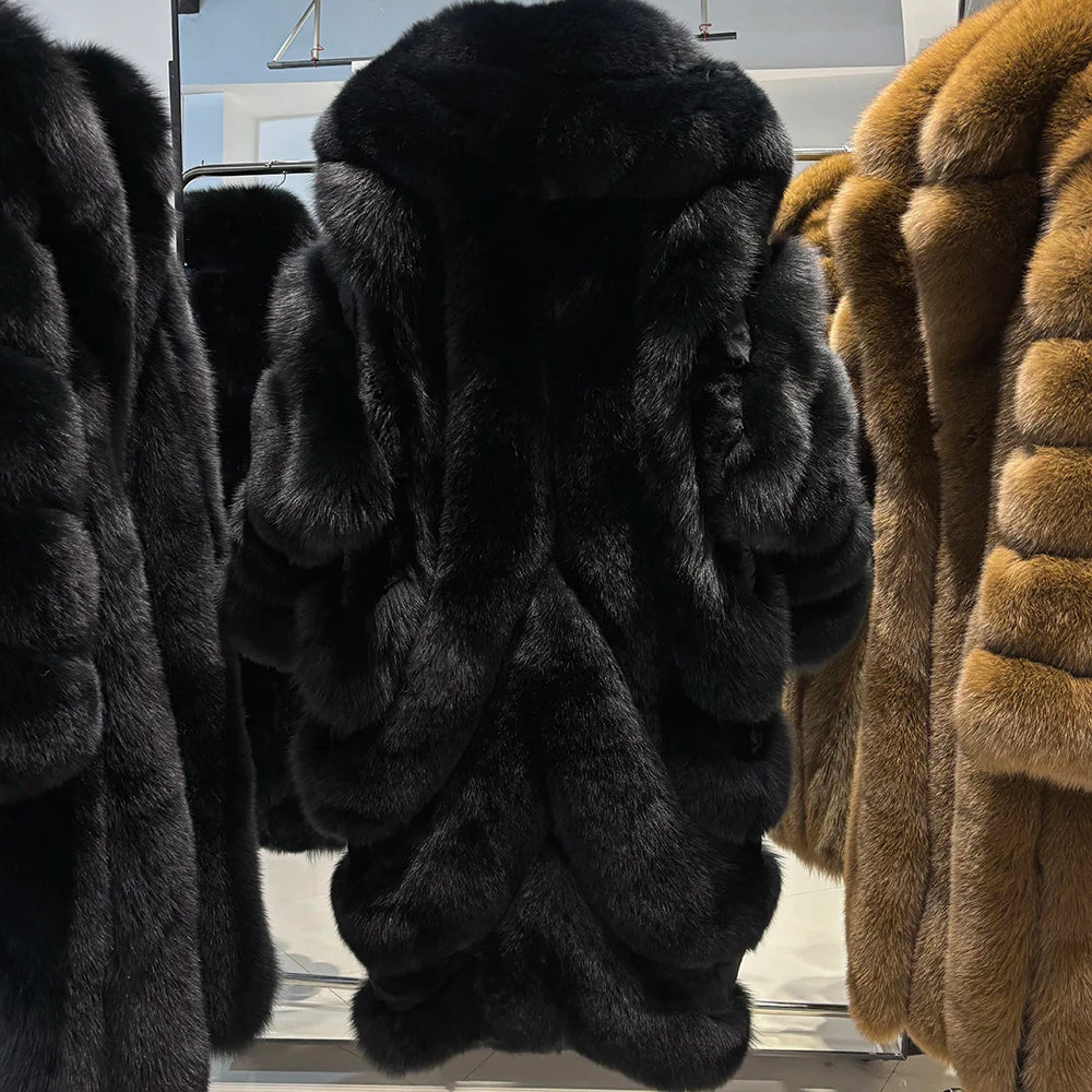 YOLOAgain 2025 Winter Warm Luxury Real Fox Fur Coat Women Pink Fox Fur Jacket Long