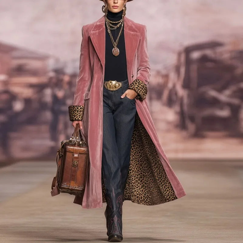 Vintage Pink Velvet Long Trench Coat Women Leopard Lining Lapel Overcoat Western Style Fit Winter Outerwear Long jacket Coat Ne