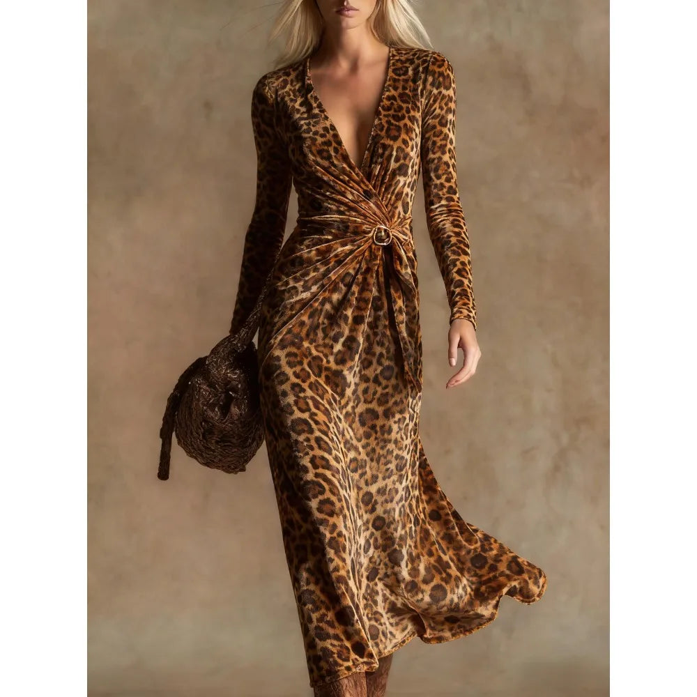 Sexy Leopard Print Velvet Maxi Dress Women Long Sleeve V Neck Twist Front Elegant Cocktail Party Dress Vacation Evening Dress