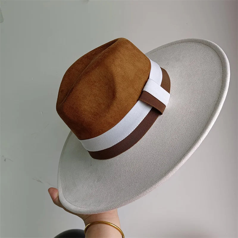 Colorblock Ribbon Colorful Suede Hat Autumn and Winter Women's Felt Hat Wide Brim Hat British Style Retro Men's Gorras Hombre - Kimlud
