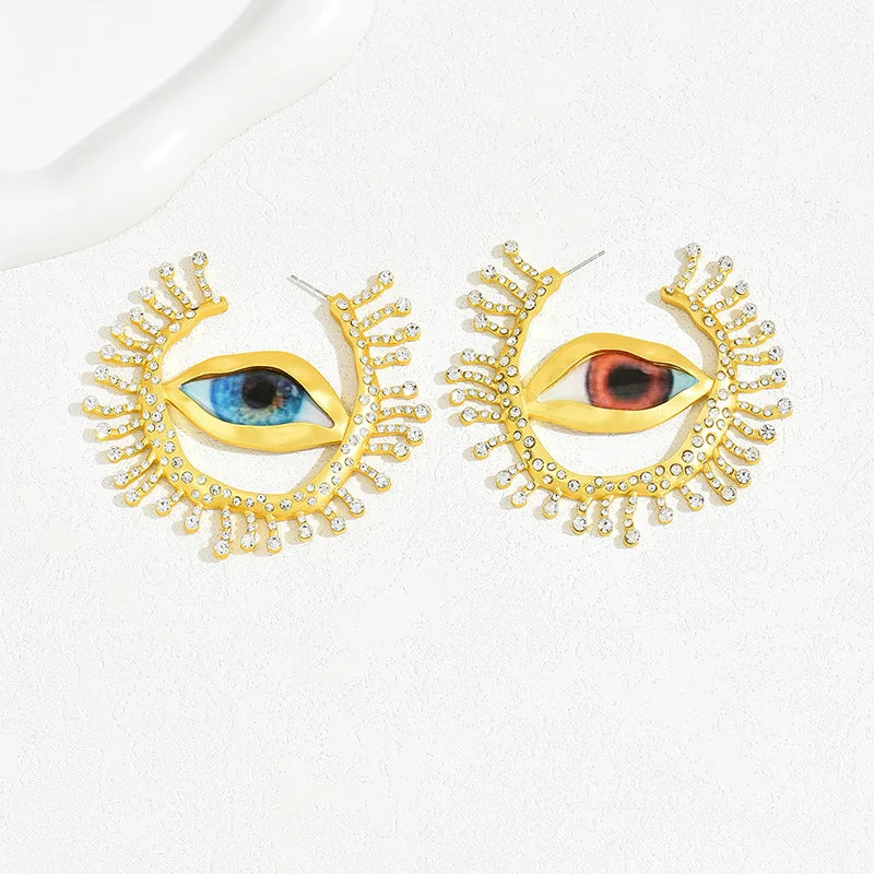 Gold Color Big Evil Eye Hoop Earrings For Women Gold Color Exaggerated Crystal Stone Left Right Side Statement Earrings For Girl