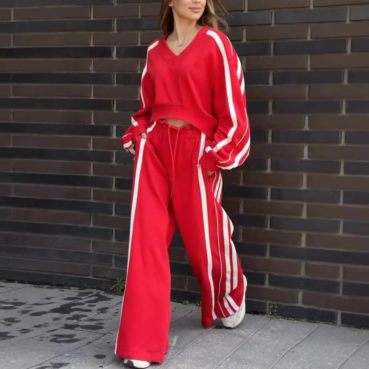 New Fashion Long-sleeved V-neck Cropped Top + Wide-leg Pants 2-piece Set For Women Autumn Color-blocked Pocket Loose Suit Female