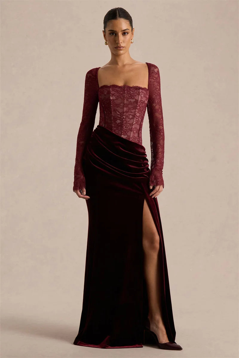 Mozision Lace Velvet Square-Neck Sexy Maxi Dress Women Elegant See Through Long Sleeve Backless Split Club Party Long...