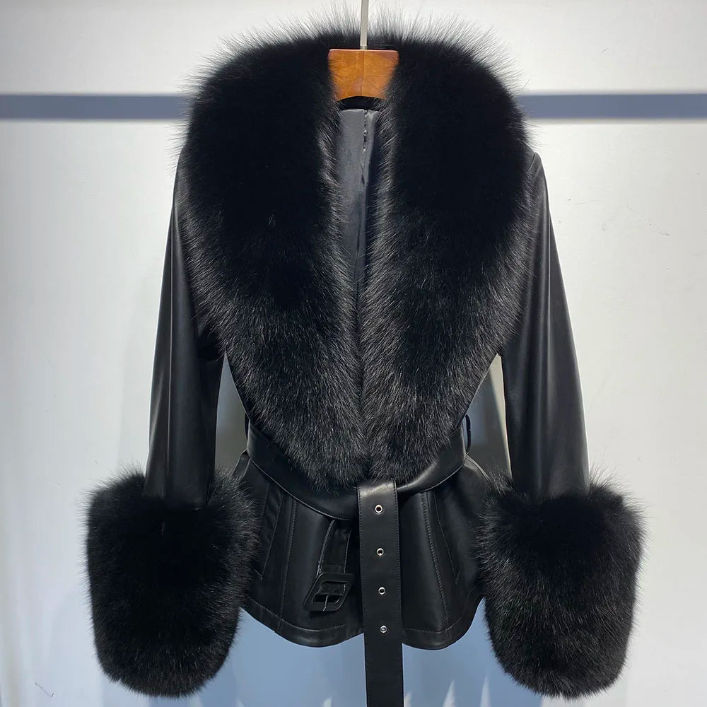 YOLOAgain Women's Real Fox Fur Collar Sheepskin Leather Jacket Coat Autumn 2024