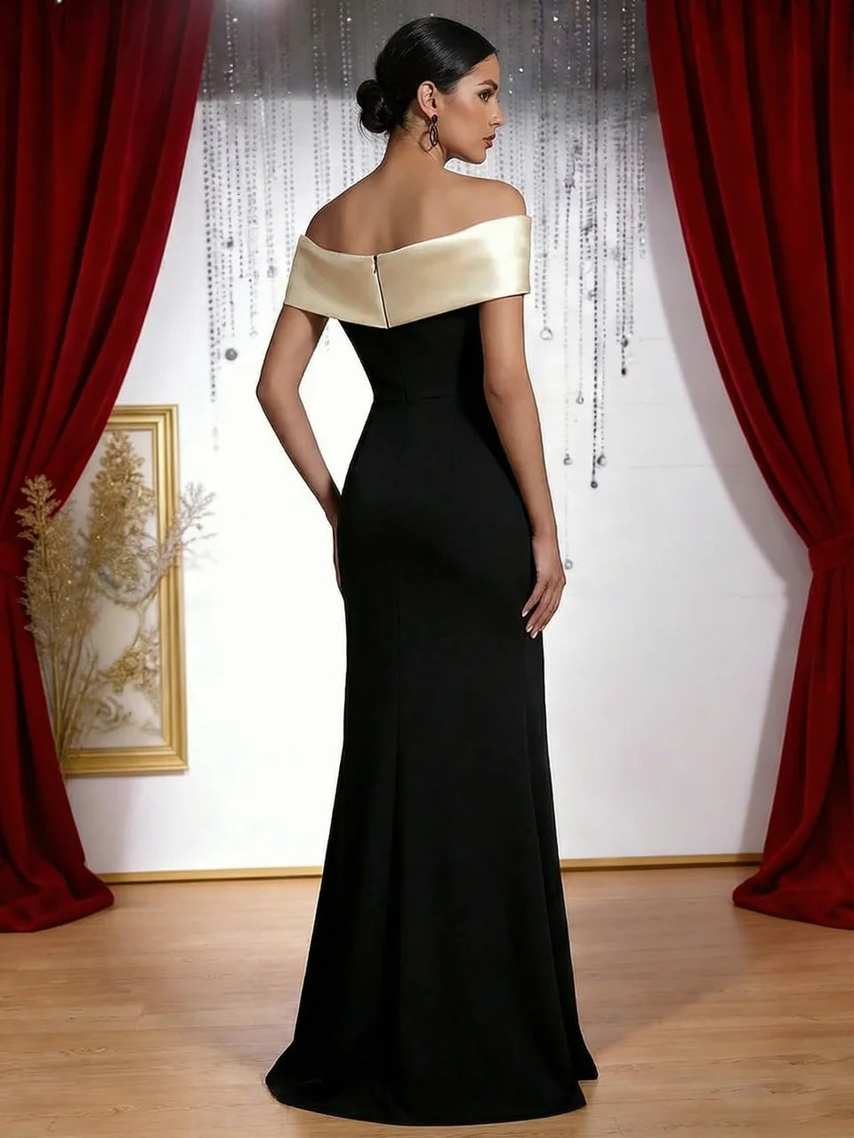 Women's Off Shoulder Maxi Dress Contrast Splicing Mermaid Hem Long Dress Slim Fit Elegant Formal Evening Party Ladies...