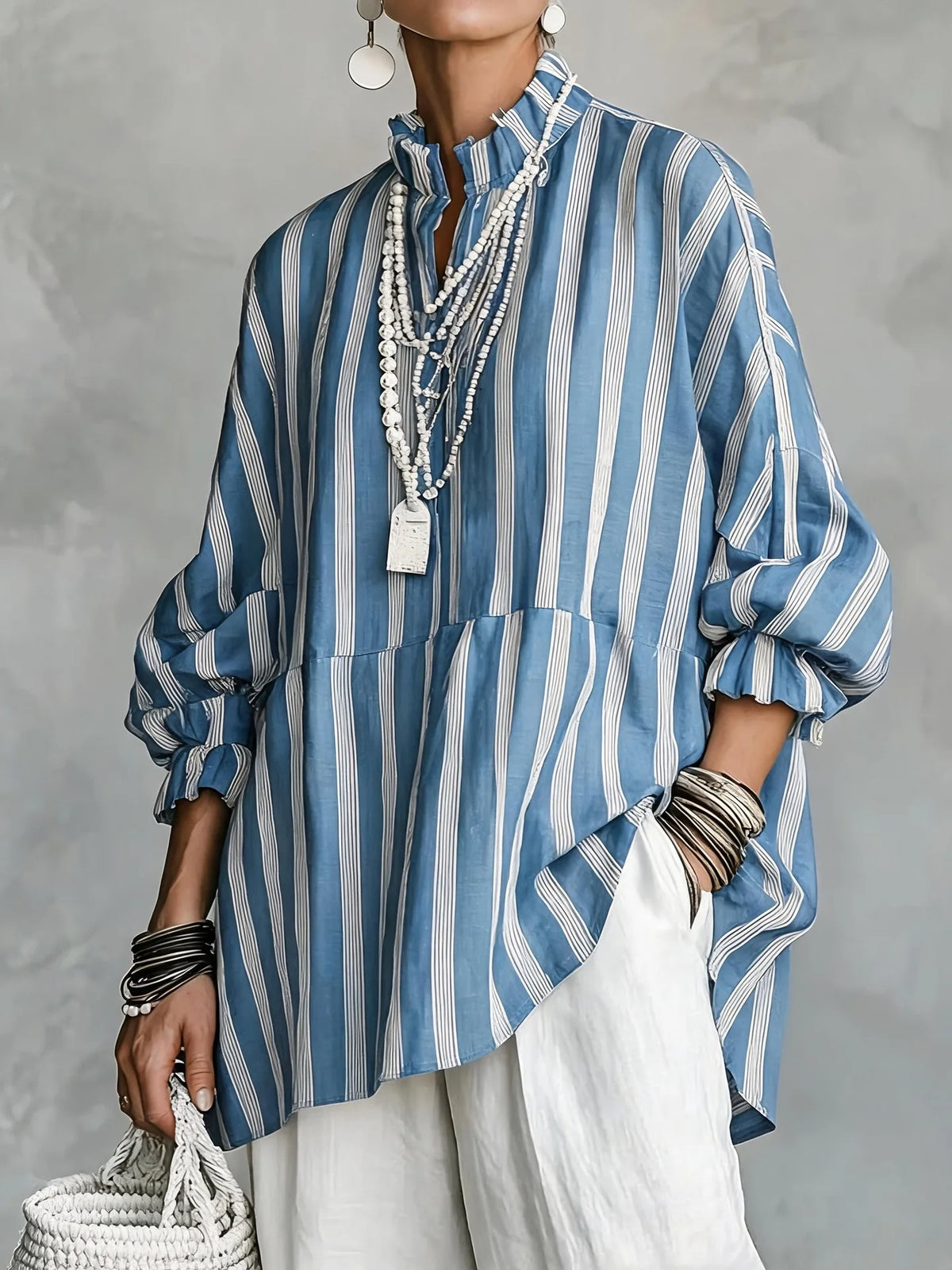 Women Stripes Print Blouse Autumn Casual Stand Collar Long Sleeve Top Simple Lady Blouses Streetwear Loose Harajuku...