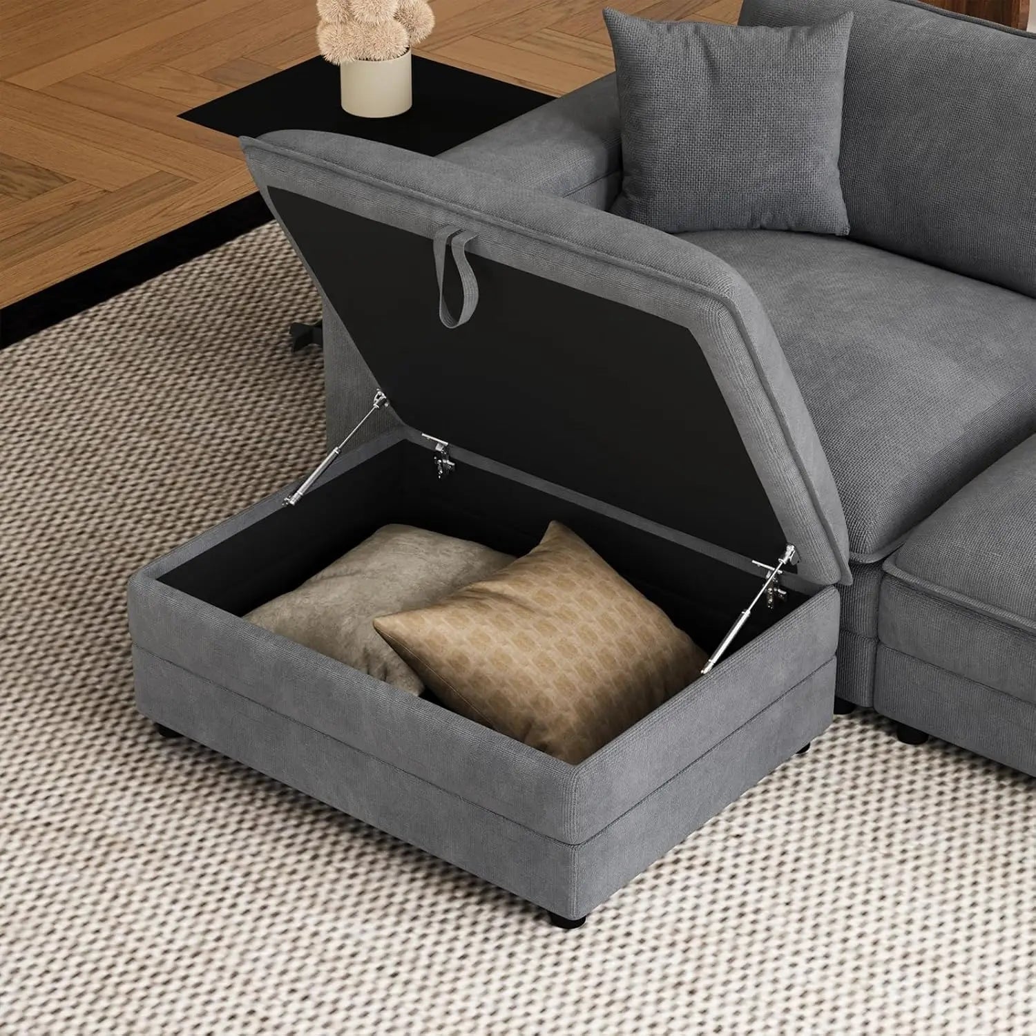 U-Shaped Sectional Sofa Ottoman Storage Armrest USB Ports Spring Cushion Solid Wood Chenille Living Room 115", Customized - Kimlud