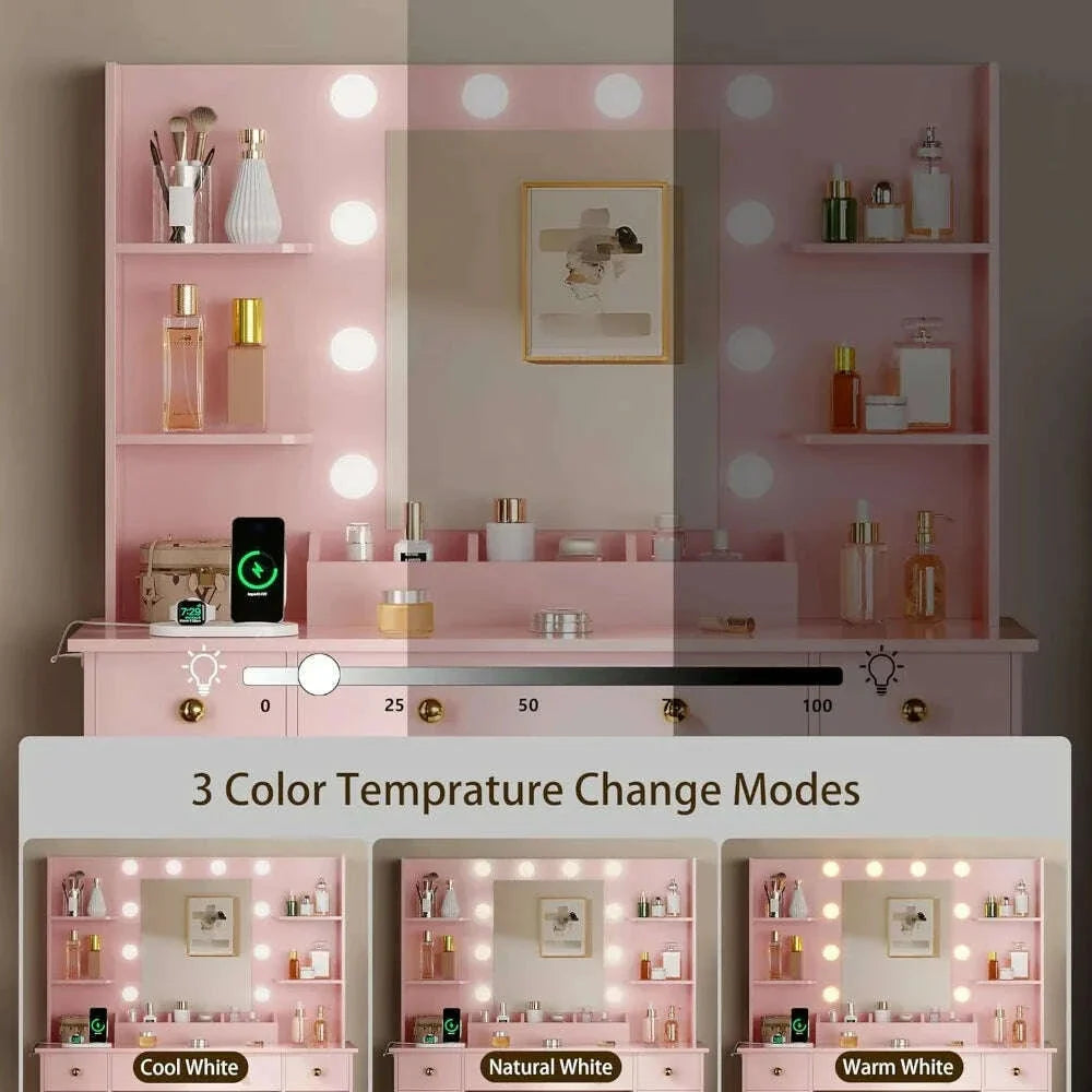 Vanity Desk with Mirror and Lights,Pink Makeup Vanity with Charging Station & Vanity Stool, 3 Drawers and Cabinets White Vanity