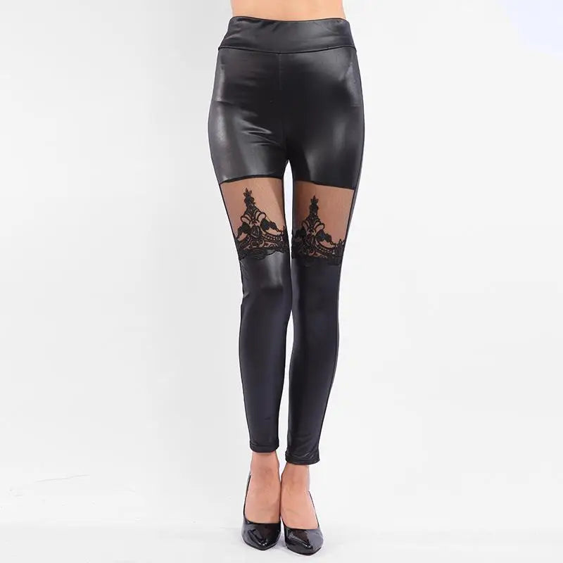 Lace Leather Patchwork Crop Pants Leggings Breathable Skin-Friendly Pure Color Women's Base Layer Pants Winter Collection - Kimlud