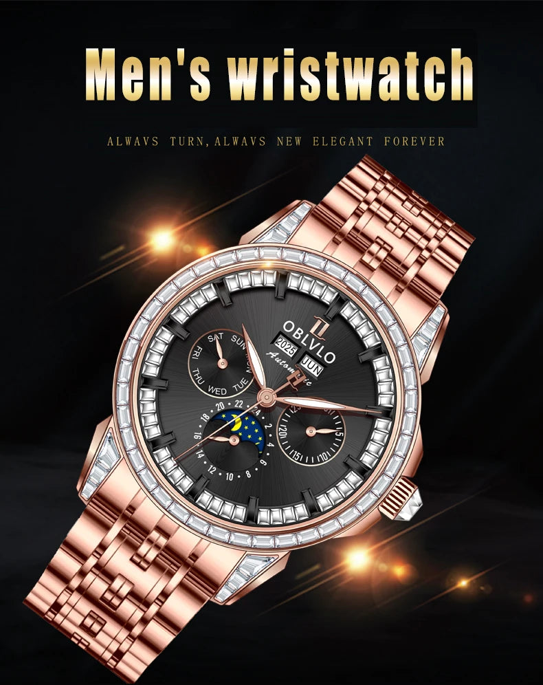 OBLVLO Men's Fashion Automatic Watch Colorful Zircon Moonphase Mechanical Multifunctional Black Leather Strap Timepiece...
