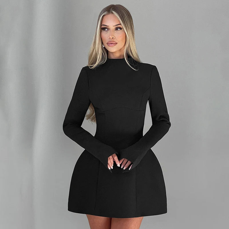 Women's New in dress novelty 2025 long sleeve Short dresses elegant party Casual Simple solid white black fashion Backless skirt - Kimlud